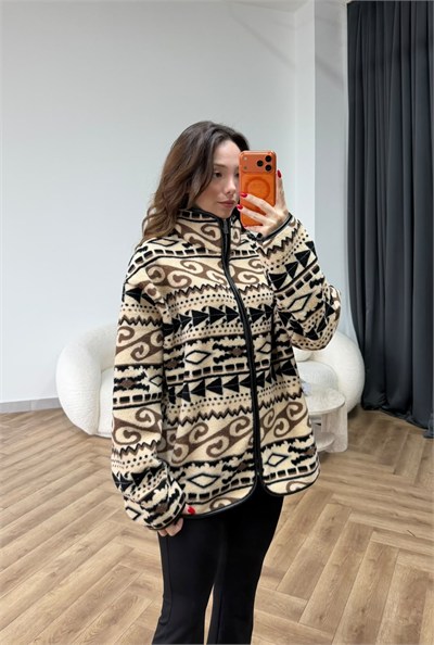 Dik Yaka Desenli Polar Hırka Kahve Siyah 2548