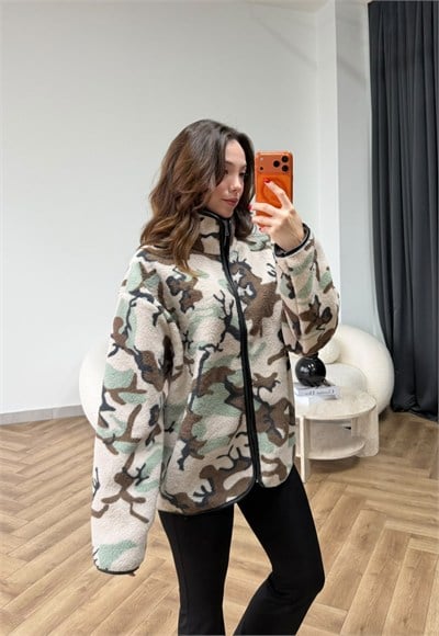 Dik Yaka Desenli Polar Hırka Kamuflaj 2548