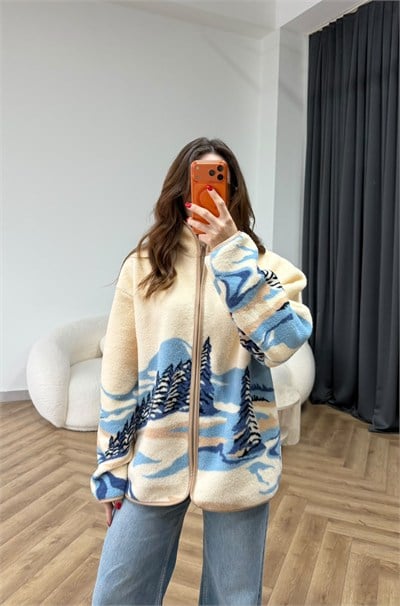 Dik Yaka Desenli Polar Hırka Krem Mavi 2548