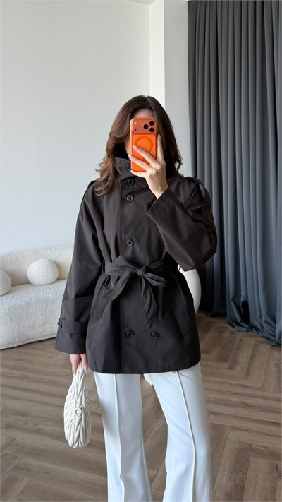 Dik Yaka Detay Bel Kuşaklı Apolet Detay Premium Trençkot Acı Kahve 2459