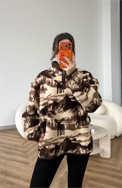 Dik Yaka Fermuar Detay Desenli Polar Sweat Kahve 2516