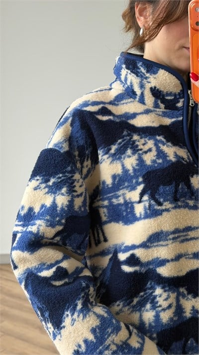 Dik Yaka Fermuar Detay Desenli Polar Sweat Mavi 2516