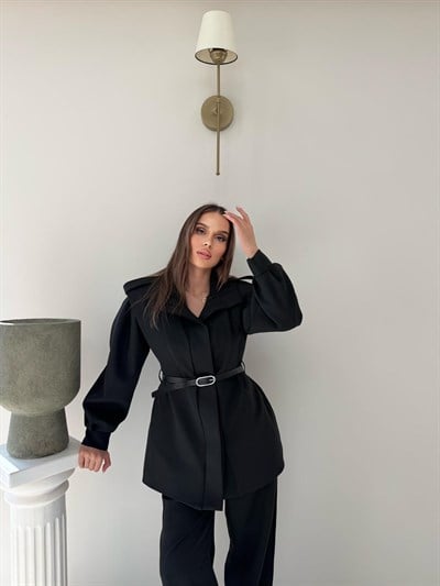 Dik Yaka Omuz Apolet Detay Bel Kemerli Ceket ve Pantolonlu Double Kumaş İkili Takım Siyah 2096