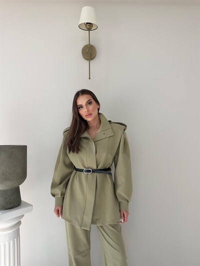 Dik Yaka Omuz Apolet Detay Bel Kemerli Ceket ve Pantolonlu Double Kumaş İkili Takım Haki 2096