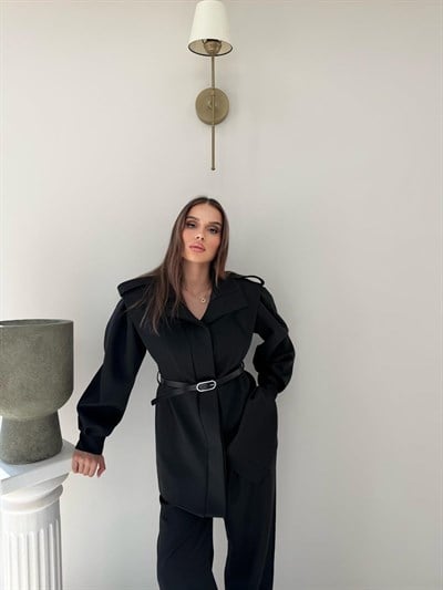 Dik Yaka Omuz Apolet Detay Bel Kemerli Ceket ve Pantolonlu Double Kumaş İkili Takım Siyah 2096