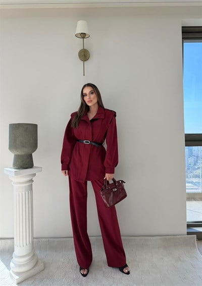 Dik Yaka Omuz Apolet Detay Bel Kemerli Ceket ve Pantolonlu Double Kumaş İkili Takım Bordo 2096