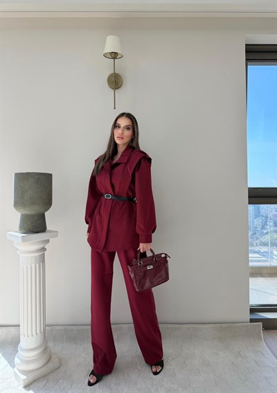 Dik Yaka Omuz Apolet Detay Bel Kemerli Ceket ve Pantolonlu Double Kumaş İkili Takım Bordo 2096
