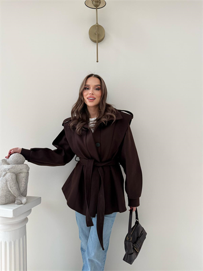 DİK YAKA OMUZ APOLETLİ BEL KUŞAKLI ASTARLI KAŞE KABAN ACI KAHVE 2004