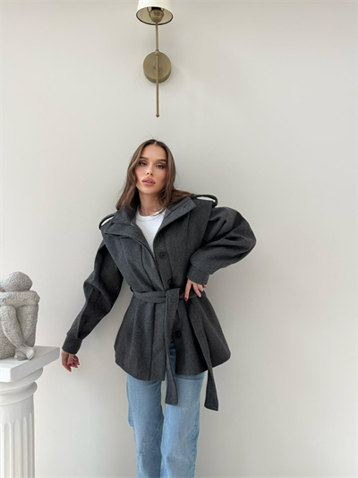 DİK YAKA OMUZ APOLETLİ BEL KUŞAKLI ASTARLI KAŞE KABAN ANTRASİT 2004