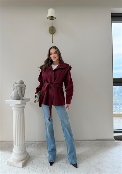 DİK YAKA OMUZ APOLETLİ BEL KUŞAKLI ASTARLI KAŞE KABAN BORDO 2004