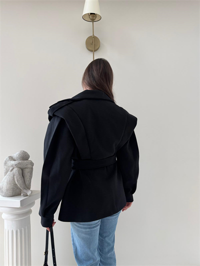 DİK YAKA OMUZ APOLETLİ BEL KUŞAKLI ASTARLI KAŞE KABAN SİYAH 2004