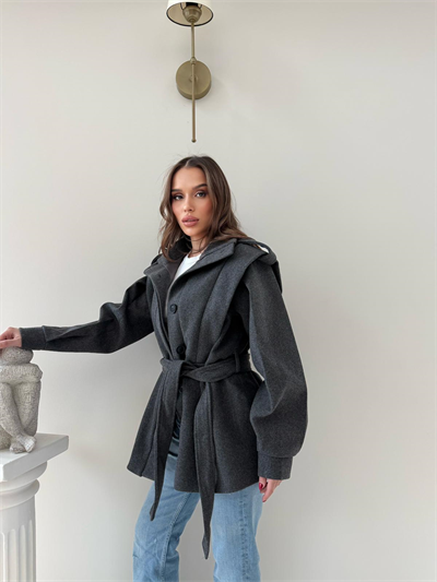 DİK YAKA OMUZ APOLETLİ BEL KUŞAKLI ASTARLI KAŞE KABAN ANTRASİT 2004