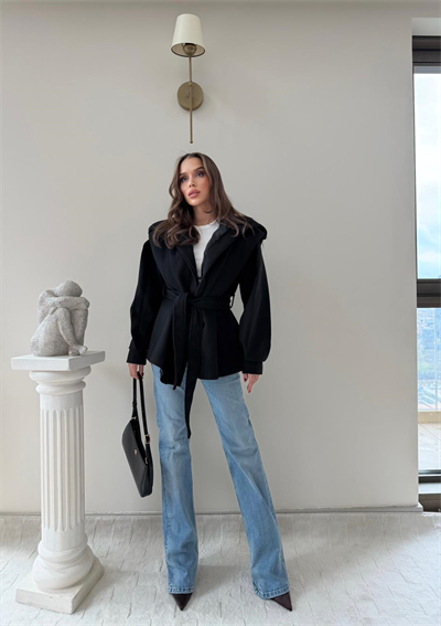 DİK YAKA OMUZ APOLETLİ BEL KUŞAKLI ASTARLI KAŞE KABAN SİYAH 2004