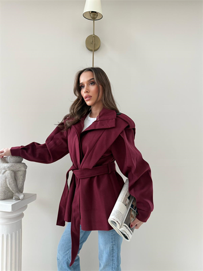 DİK YAKA OMUZ APOLETLİ BEL KUŞAKLI ASTARLI KAŞE KABAN BORDO 2004