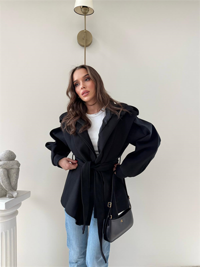 DİK YAKA OMUZ APOLETLİ BEL KUŞAKLI ASTARLI KAŞE KABAN SİYAH 2004