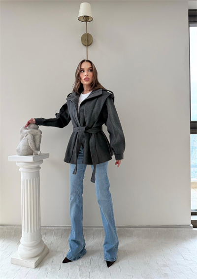 DİK YAKA OMUZ APOLETLİ BEL KUŞAKLI ASTARLI KAŞE KABAN ANTRASİT 2004