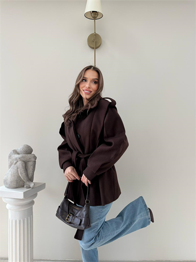 DİK YAKA OMUZ APOLETLİ BEL KUŞAKLI ASTARLI KAŞE KABAN ACI KAHVE 2004