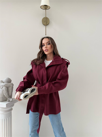 DİK YAKA OMUZ APOLETLİ BEL KUŞAKLI ASTARLI KAŞE KABAN BORDO 2004