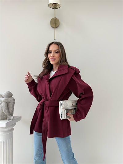 DİK YAKA OMUZ APOLETLİ BEL KUŞAKLI ASTARLI KAŞE KABAN BORDO 2004