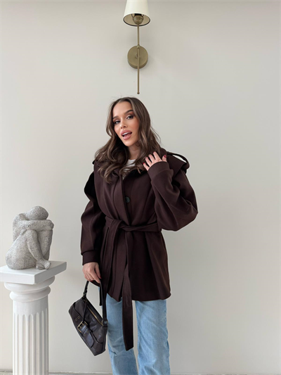 DİK YAKA OMUZ APOLETLİ BEL KUŞAKLI ASTARLI KAŞE KABAN ACI KAHVE 2004