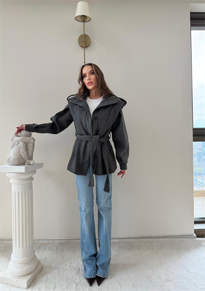 DİK YAKA OMUZ APOLETLİ BEL KUŞAKLI ASTARLI KAŞE KABAN ANTRASİT 2004