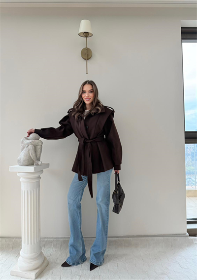 DİK YAKA OMUZ APOLETLİ BEL KUŞAKLI ASTARLI KAŞE KABAN ACI KAHVE 2004