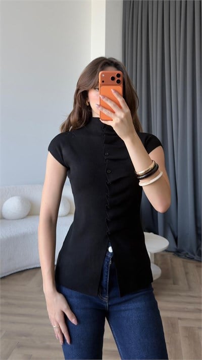 Dik Yaka Ön Pileli Düğme Detay Triko Bluz Siyah 2411
