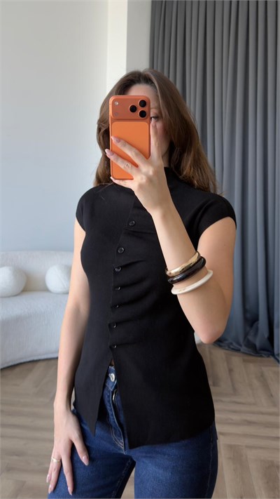 Dik Yaka Ön Pileli Düğme Detay Triko Bluz Siyah 2411