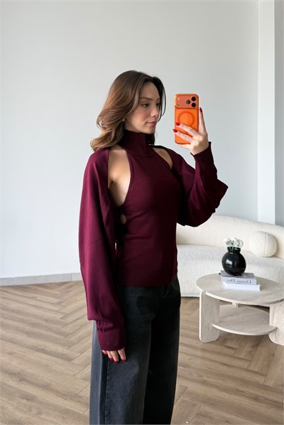 Dik Yaka Sırt Dekolte Bluz ve Bolerolu İkili Triko Takım Bordo 2521