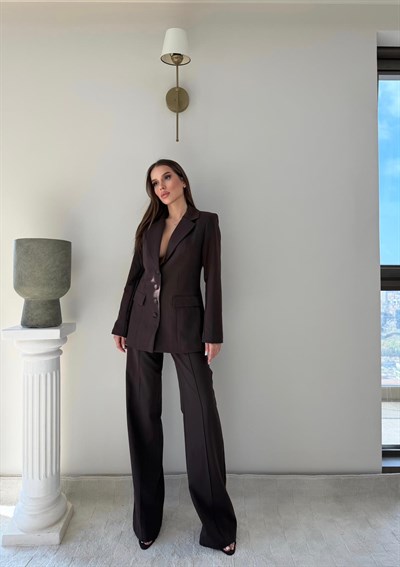 Dört Düğme Detay İç Astarlı Blazer Ceket ve Pantolonlu Double Kumaş İkili Takım Acı Kahve 2093