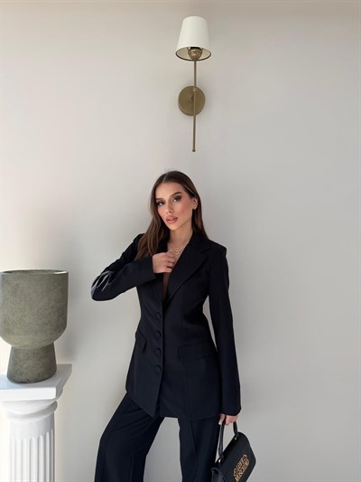 Dört Düğme Detay İç Astarlı Blazer Ceket ve Pantolonlu Double Kumaş İkili Takım Siyah 2093