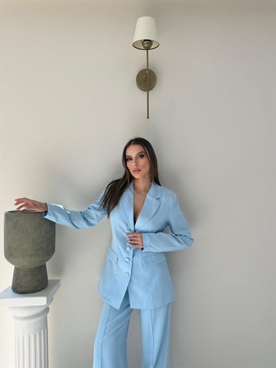 Dört Düğme Detay İç Astarlı Blazer Ceket ve Pantolonlu Double Kumaş İkili Takım Mavi 2093