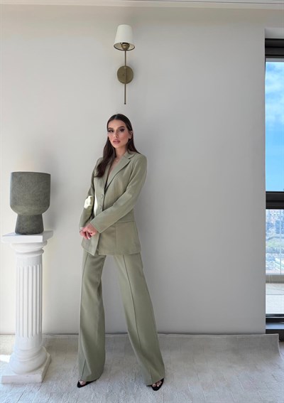 Dört Düğme Detay İç Astarlı Blazer Ceket ve Pantolonlu Double Kumaş İkili Takım Haki 2093