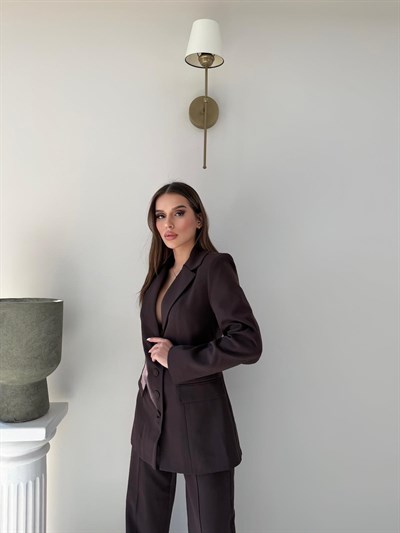 Dört Düğme Detay İç Astarlı Blazer Ceket ve Pantolonlu Double Kumaş İkili Takım Acı Kahve 2093