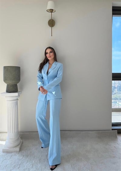 Dört Düğme Detay İç Astarlı Blazer Ceket ve Pantolonlu Double Kumaş İkili Takım Mavi 2093