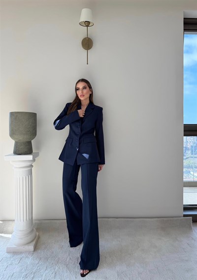 Dört Düğme Detay İç Astarlı Blazer Ceket ve Pantolonlu Double Kumaş İkili Takım Lacivert 2093