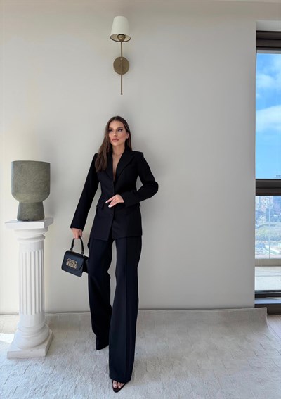 Dört Düğme Detay İç Astarlı Blazer Ceket ve Pantolonlu Double Kumaş İkili Takım Siyah 2093