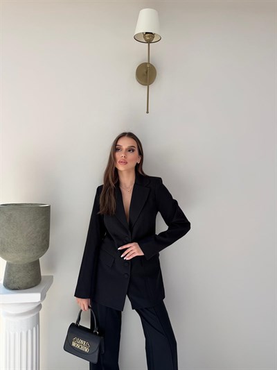 Dört Düğme Detay İç Astarlı Blazer Ceket ve Pantolonlu Double Kumaş İkili Takım Siyah 2093