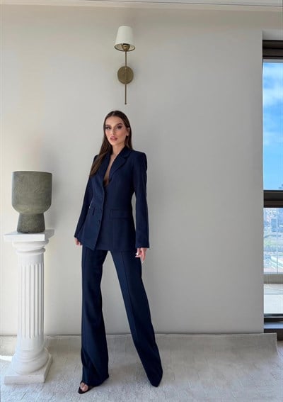 Dört Düğme Detay İç Astarlı Blazer Ceket ve Pantolonlu Double Kumaş İkili Takım Lacivert 2093