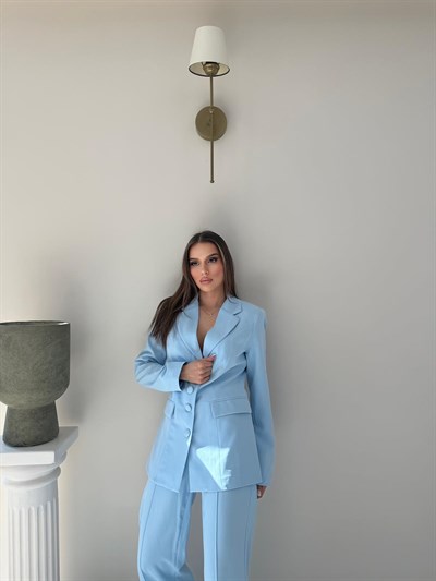 Dört Düğme Detay İç Astarlı Blazer Ceket ve Pantolonlu Double Kumaş İkili Takım Mavi 2093