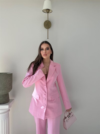 Dört Düğme Detay İç Astarlı Blazer Ceket ve Pantolonlu Double Kumaş İkili Takım Pembe 2093