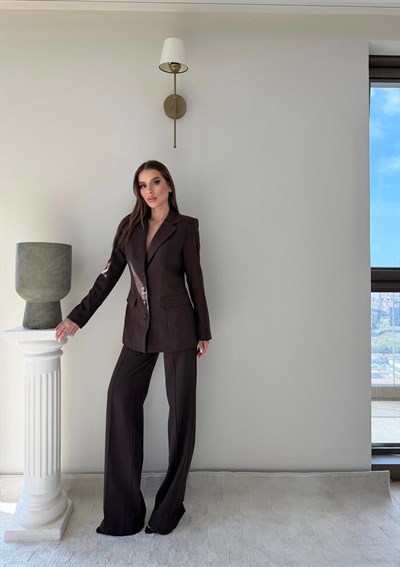 Dört Düğme Detay İç Astarlı Blazer Ceket ve Pantolonlu Double Kumaş İkili Takım Acı Kahve 2093
