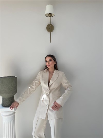 Dört Düğme Detay İç Astarlı Blazer Ceket ve Pantolonlu Double Kumaş İkili Takım Bej 2093