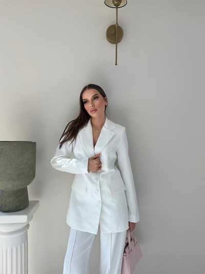Dört Düğme Detay İç Astarlı Blazer Ceket ve Pantolonlu Double Kumaş İkili Takım Beyaz 2093