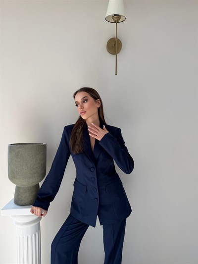 Dört Düğme Detay İç Astarlı Blazer Ceket ve Pantolonlu Double Kumaş İkili Takım Lacivert 2093