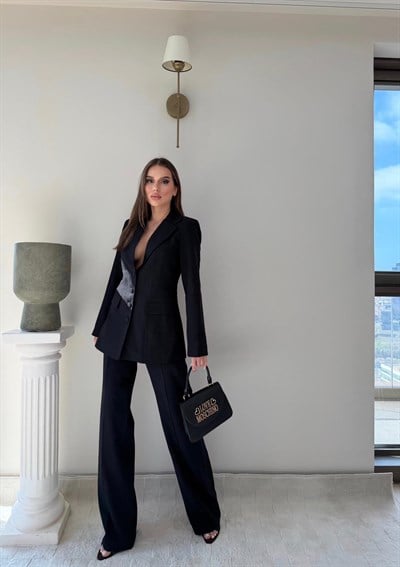 Dört Düğme Detay İç Astarlı Blazer Ceket ve Pantolonlu Double Kumaş İkili Takım Siyah 2093