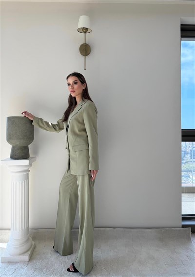 Dört Düğme Detay İç Astarlı Blazer Ceket ve Pantolonlu Double Kumaş İkili Takım Haki 2093