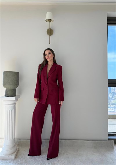 Dört Düğme Detay İç Astarlı Blazer Ceket ve Pantolonlu Double Kumaş İkili Takım Bordo 2093