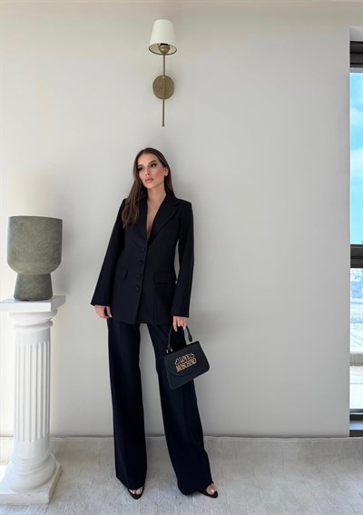 Dört Düğme Detay İç Astarlı Blazer Ceket ve Pantolonlu Double Kumaş İkili Takım Siyah 2093