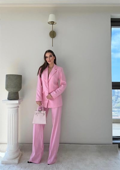 Dört Düğme Detay İç Astarlı Blazer Ceket ve Pantolonlu Double Kumaş İkili Takım Pembe 2093